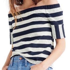 MADEWELL Blue Stripe Off Shoulder Short Sleeve Top